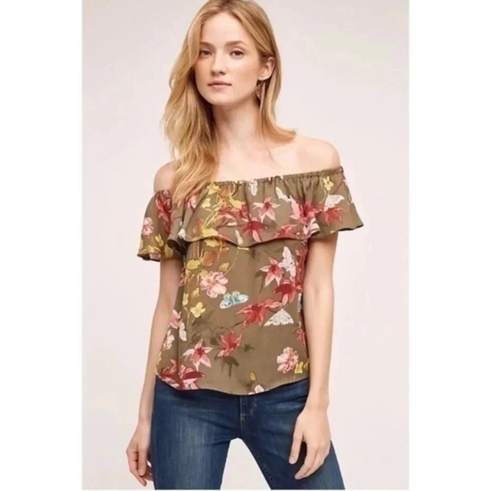 Anthropologie | Maeve | Green Floral Valitta Off Shoulder Blouse Size Small S